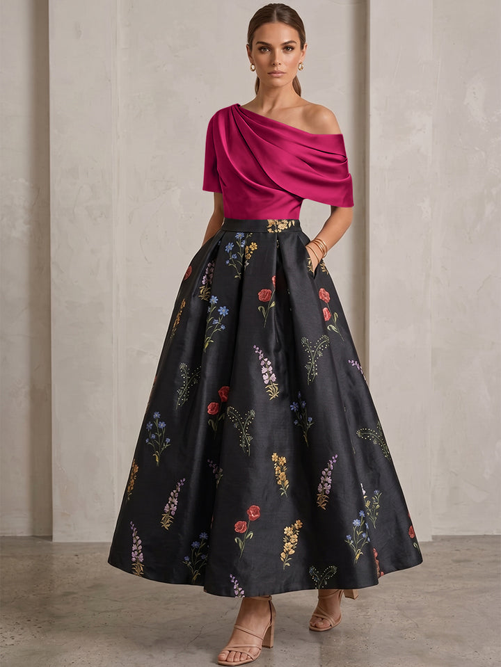 A-Line/Princess One-Shoulder Mother of the Bride Dresses Satin Floral Short Sleeves Ankle Length