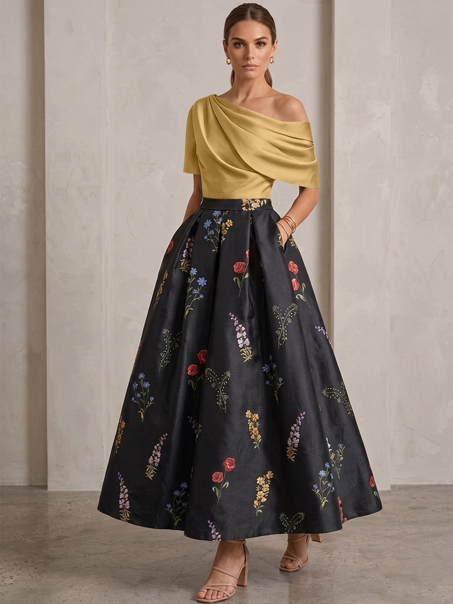 A-Line/Princess One-Shoulder Mother of the Bride Dresses Satin Floral Short Sleeves Ankle Length
