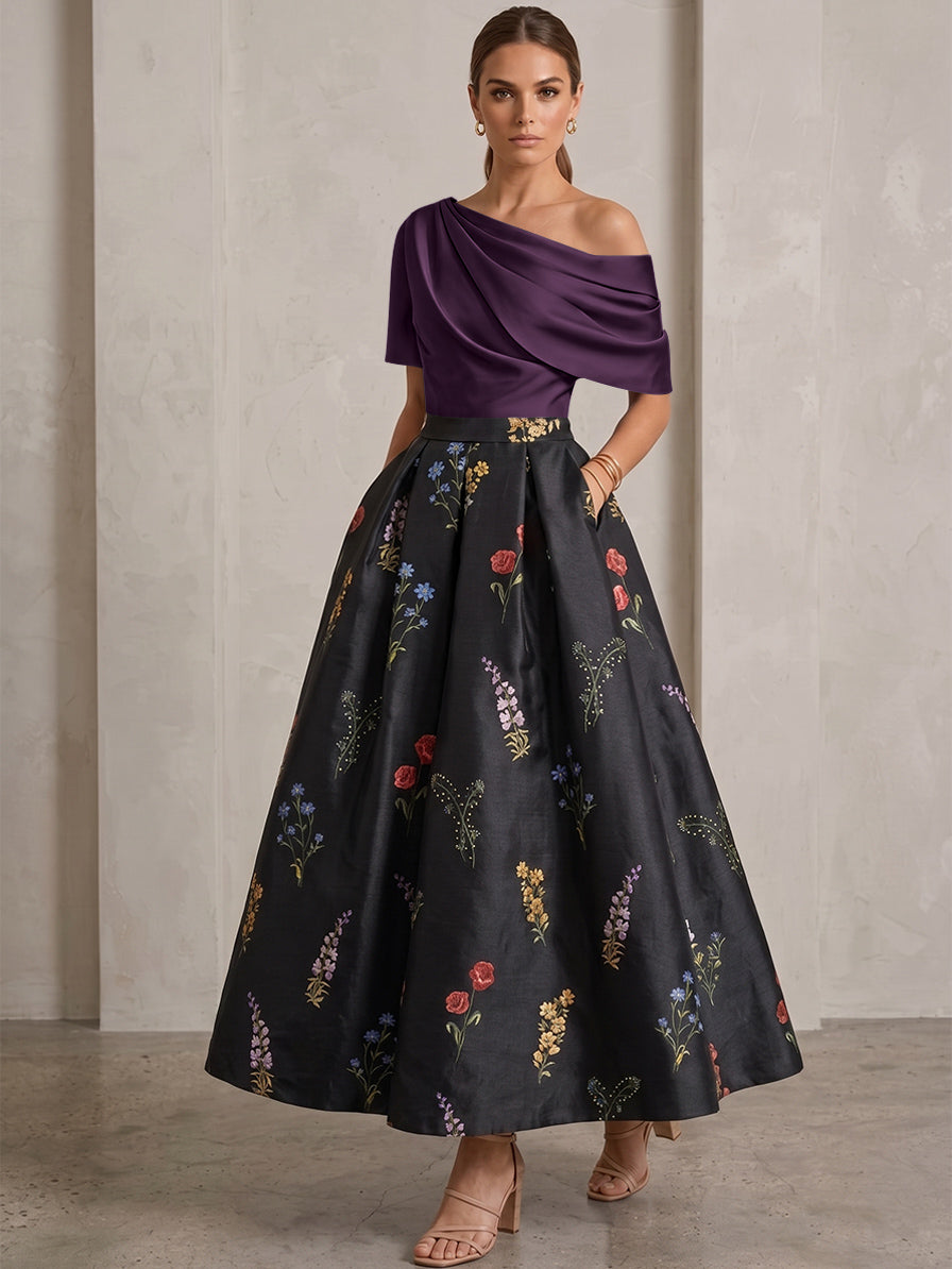 A-Line/Princess One-Shoulder Mother of the Bride Dresses Satin Floral Short Sleeves Ankle Length