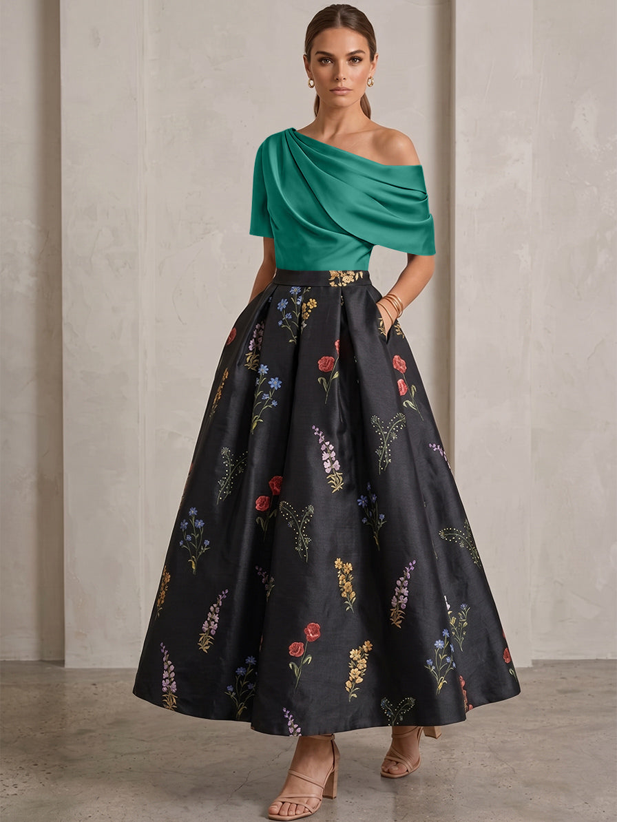A-Line/Princess One-Shoulder Mother of the Bride Dresses Satin Floral Short Sleeves Ankle Length