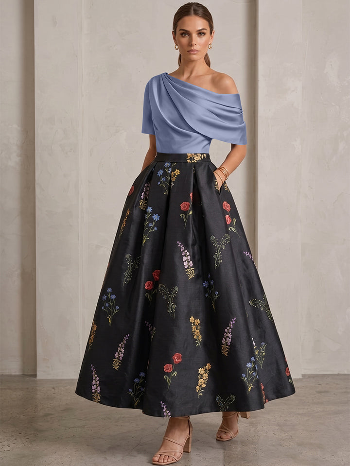 A-Line/Princess One-Shoulder Mother of the Bride Dresses Satin Floral Short Sleeves Ankle Length