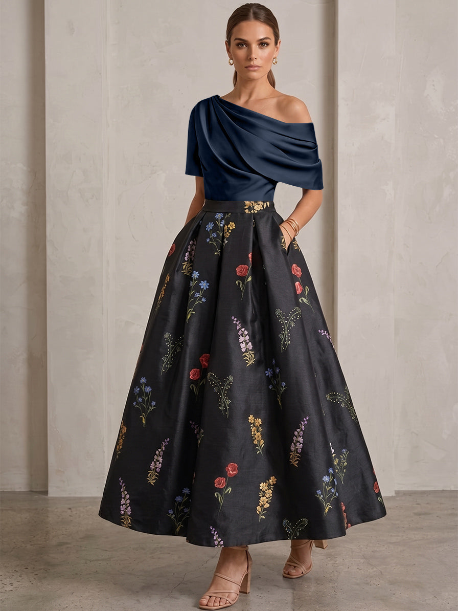 A-Line/Princess One-Shoulder Mother of the Bride Dresses Satin Floral Short Sleeves Ankle Length