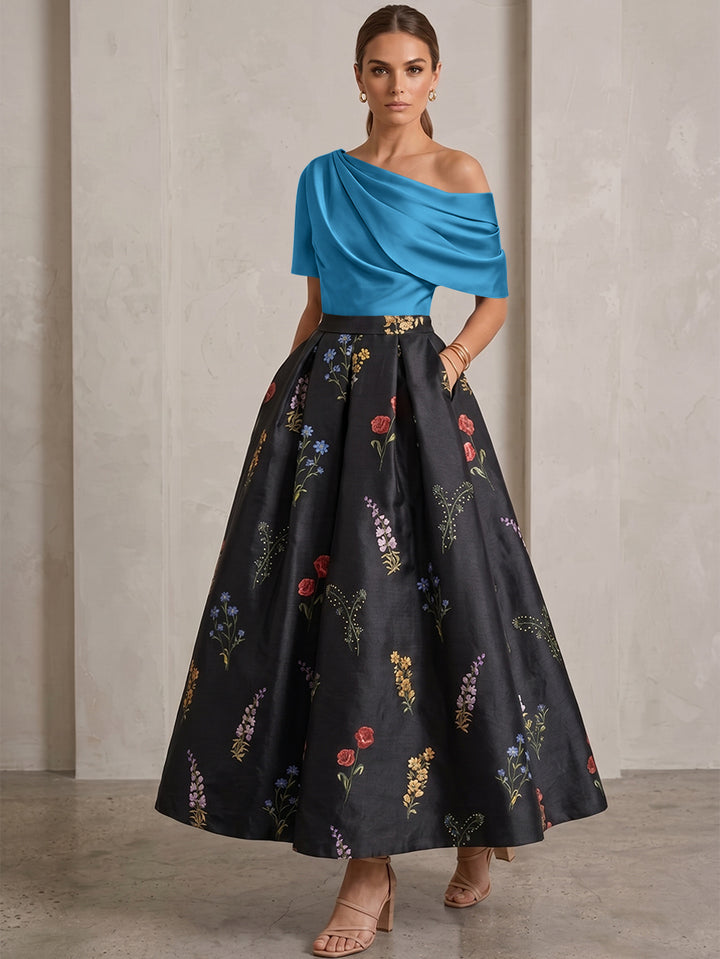 A-Line/Princess One-Shoulder Mother of the Bride Dresses Satin Floral Short Sleeves Ankle Length