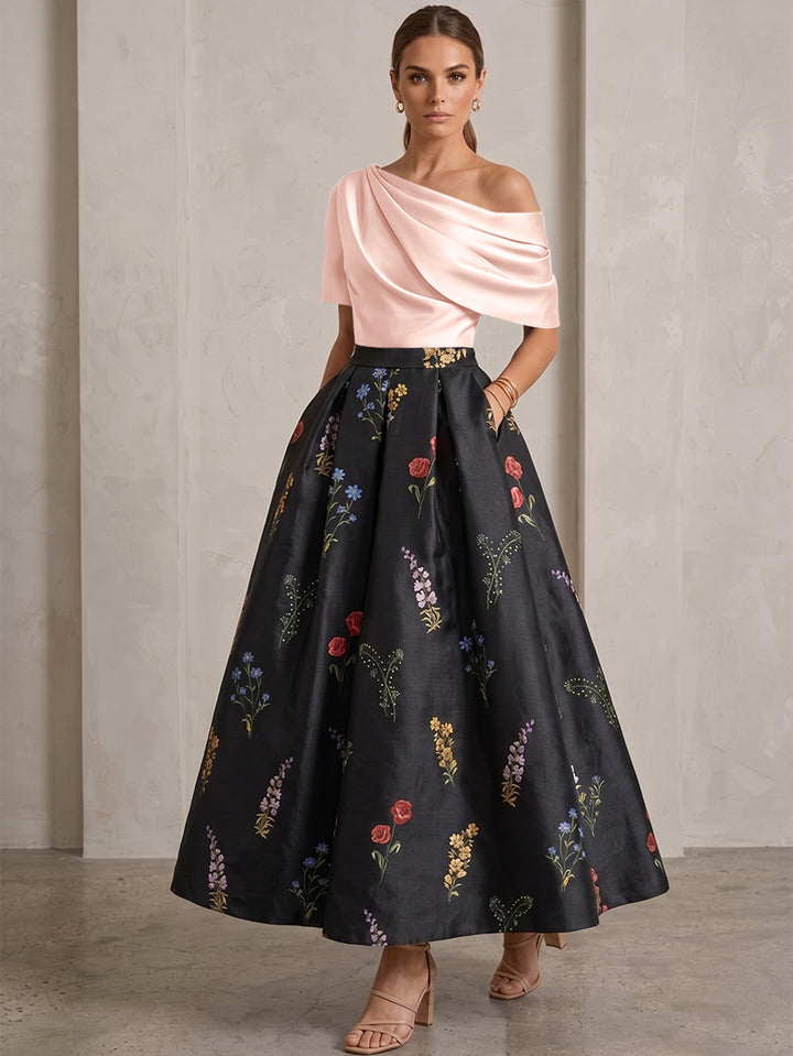 A-Line/Princess One-Shoulder Mother of the Bride Dresses Satin Floral Short Sleeves Ankle Length