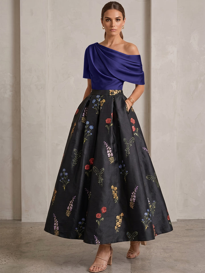 A-Line/Princess One-Shoulder Mother of the Bride Dresses Satin Floral Short Sleeves Ankle Length