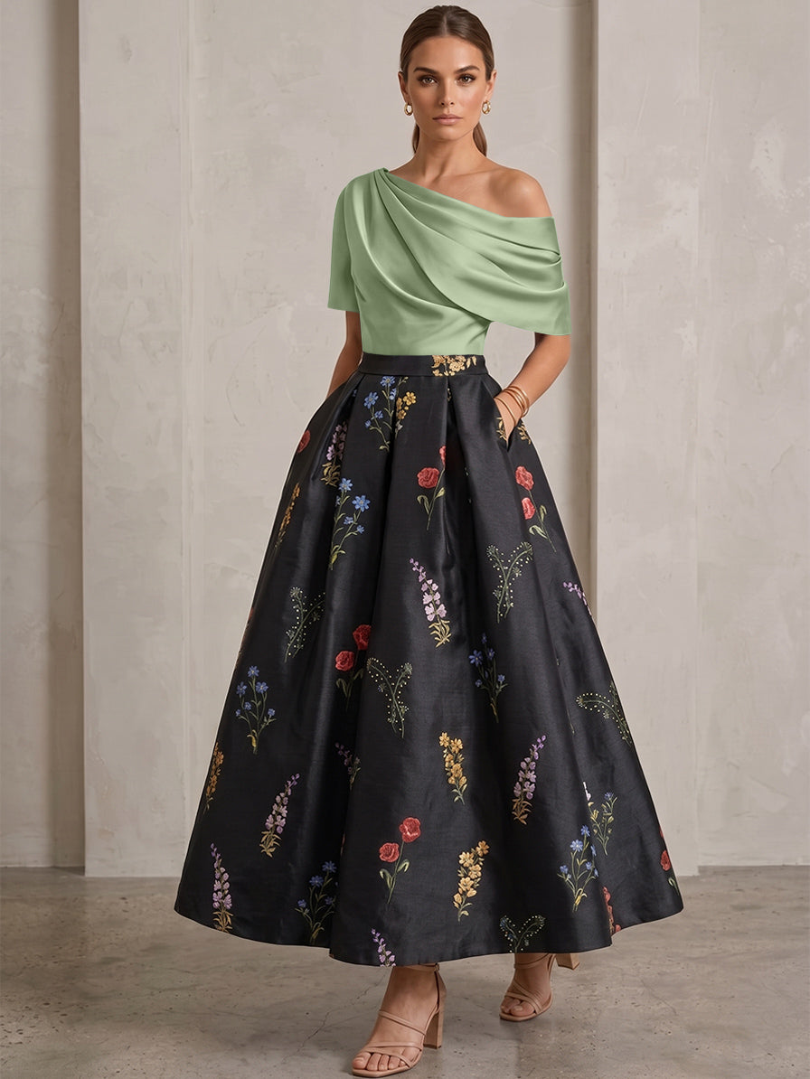 A-Line/Princess One-Shoulder Mother of the Bride Dresses Satin Floral Short Sleeves Ankle Length