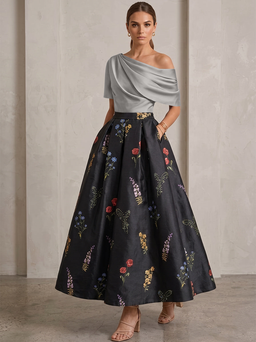 A-Line/Princess One-Shoulder Mother of the Bride Dresses Satin Floral Short Sleeves Ankle Length