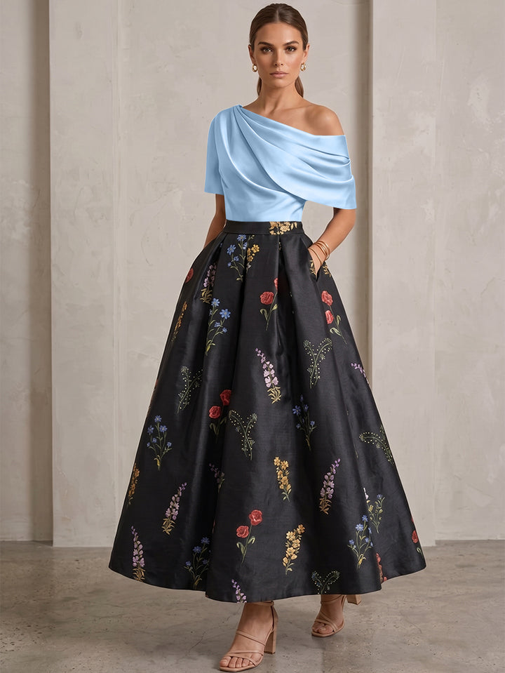 A-Line/Princess One-Shoulder Mother of the Bride Dresses Satin Floral Short Sleeves Ankle Length