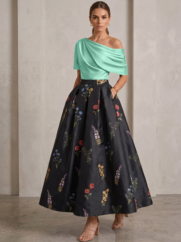 A-Line/Princess One-Shoulder Mother of the Bride Dresses Satin Floral Short Sleeves Ankle Length