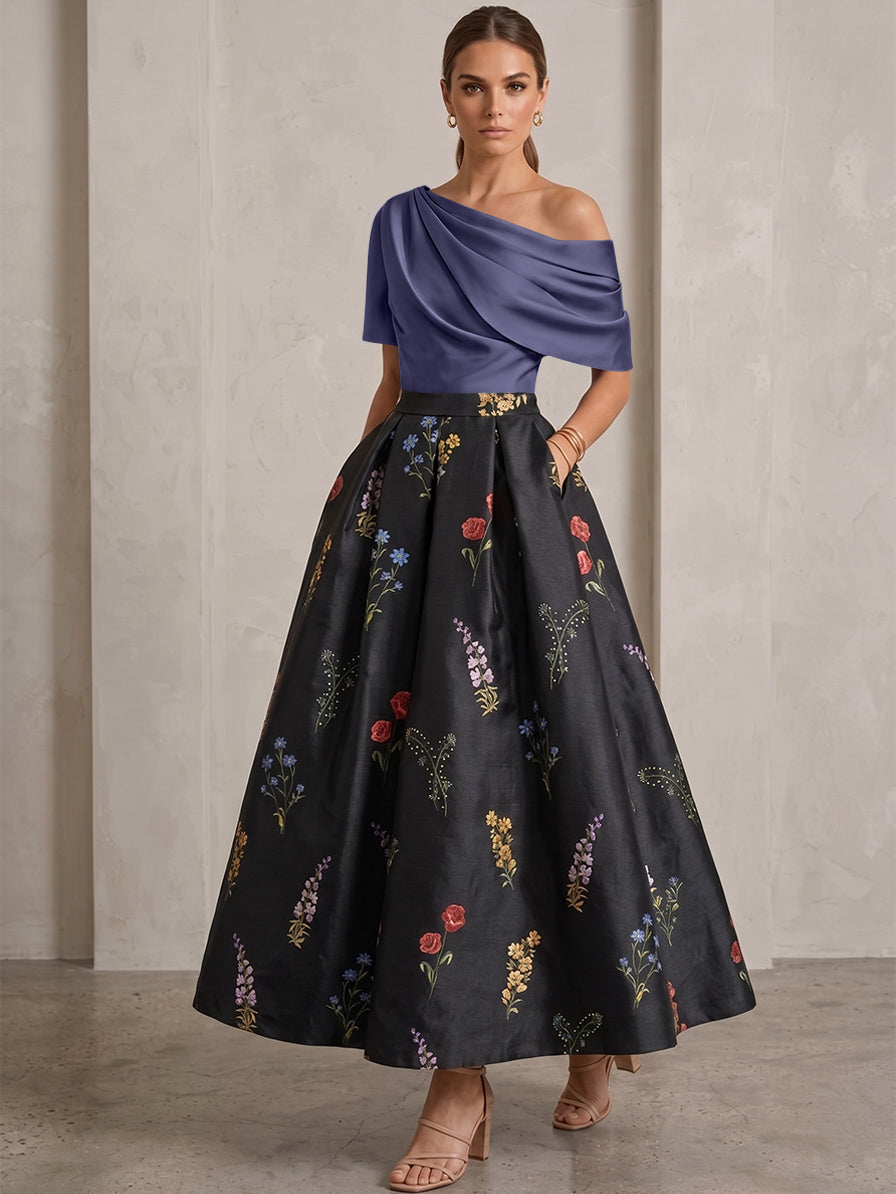 A-Line/Princess One-Shoulder Mother of the Bride Dresses Satin Floral Short Sleeves Ankle Length