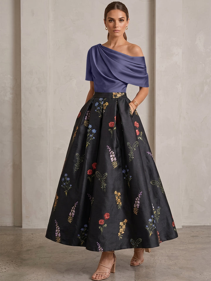 A-Line/Princess One-Shoulder Mother of the Bride Dresses Satin Floral Short Sleeves Ankle Length