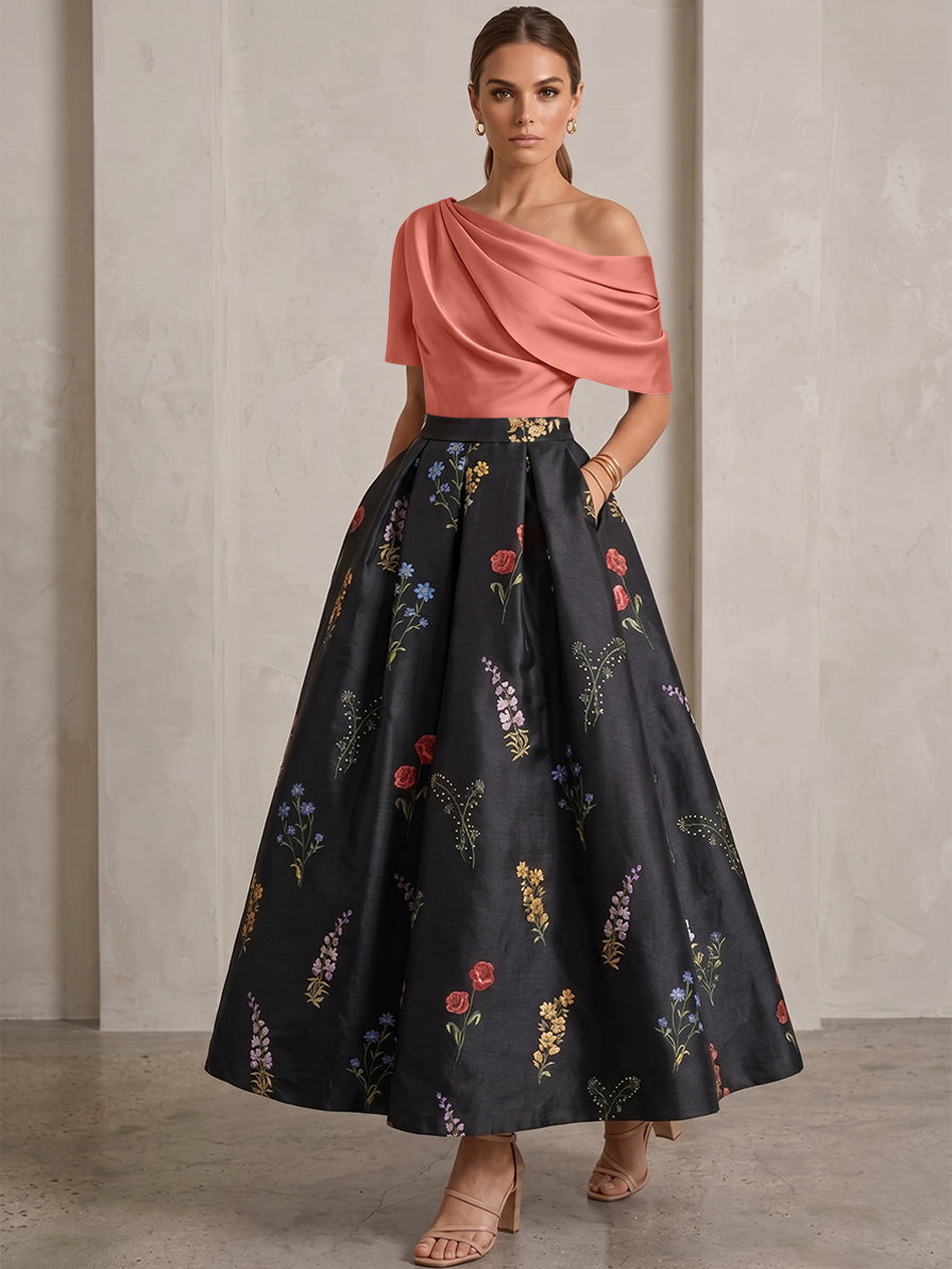 A-Line/Princess One-Shoulder Mother of the Bride Dresses Satin Floral Short Sleeves Ankle Length