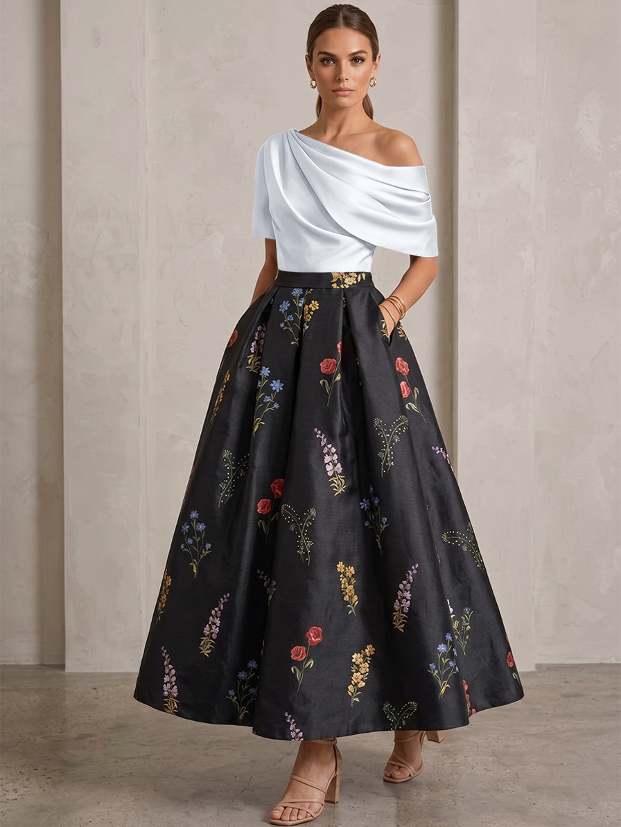 A-Line/Princess One-Shoulder Mother of the Bride Dresses Satin Floral Short Sleeves Ankle Length