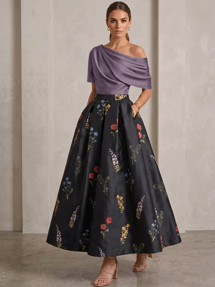 A-Line/Princess One-Shoulder Mother of the Bride Dresses Satin Floral Short Sleeves Ankle Length