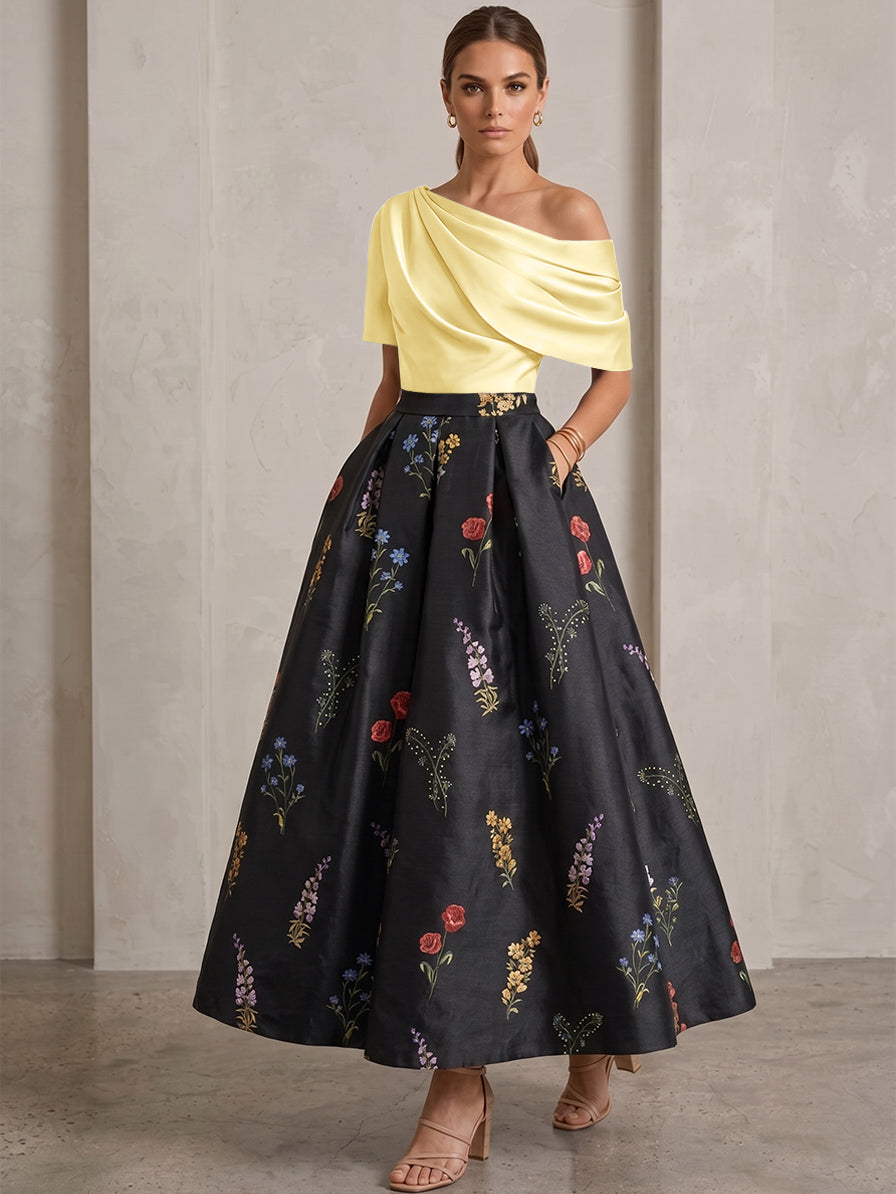 A-Line/Princess One-Shoulder Mother of the Bride Dresses Satin Floral Short Sleeves Ankle Length