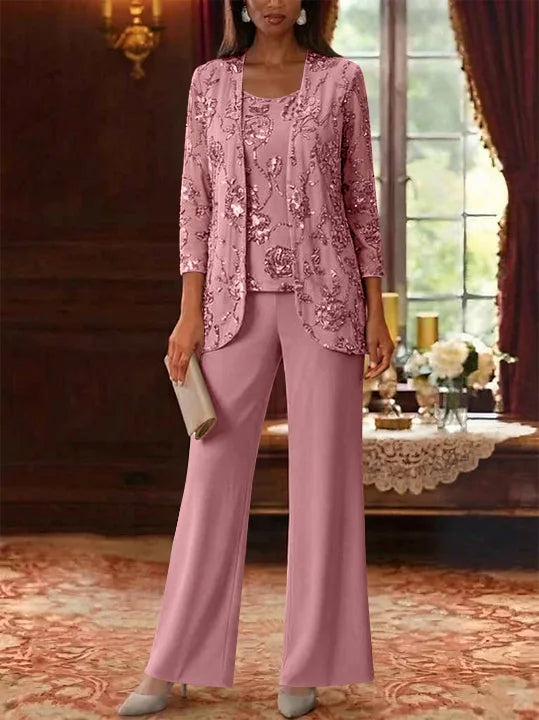 3 Pieces Suit Scoop Chiffon Mother of the Bride Pantsuits with Jacket Sequins Ankle-Length 3/4 Sleeves