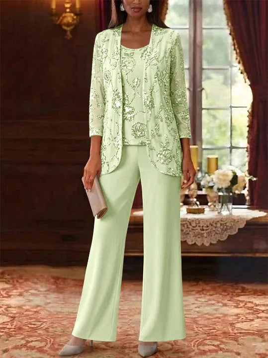 3 Pieces Suit Scoop Chiffon Mother of the Bride Pantsuits with Jacket Sequins Ankle-Length 3/4 Sleeves