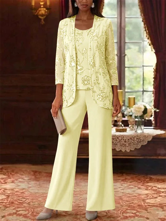 3 Pieces Suit Scoop Chiffon Mother of the Bride Pantsuits with Jacket Sequins Ankle-Length 3/4 Sleeves