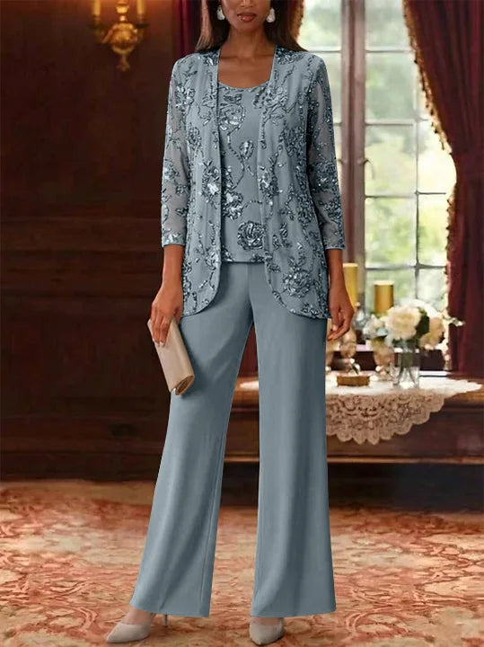 3 Pieces Suit Scoop Chiffon Mother of the Bride Pantsuits with Jacket Sequins Ankle-Length 3/4 Sleeves