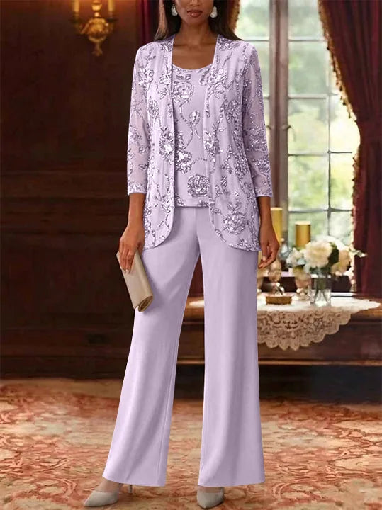 3 Pieces Suit Scoop Chiffon Mother of the Bride Pantsuits with Jacket Sequins Ankle-Length 3/4 Sleeves
