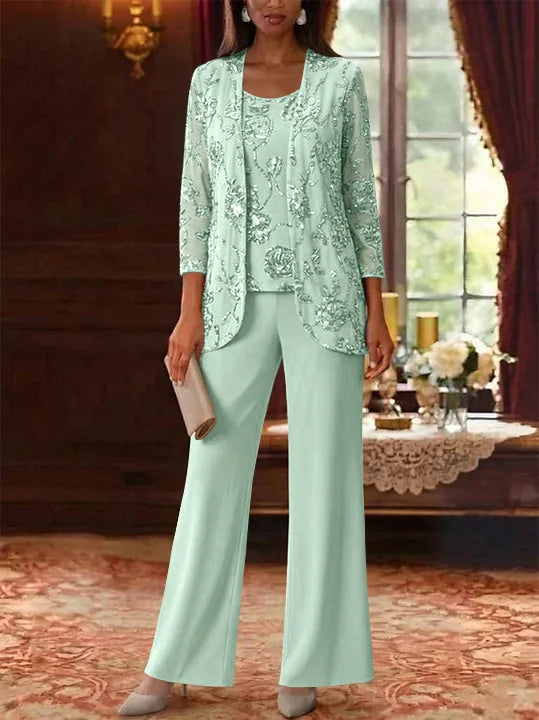 3 Pieces Suit Scoop Chiffon Mother of the Bride Pantsuits with Jacket Sequins Ankle-Length 3/4 Sleeves