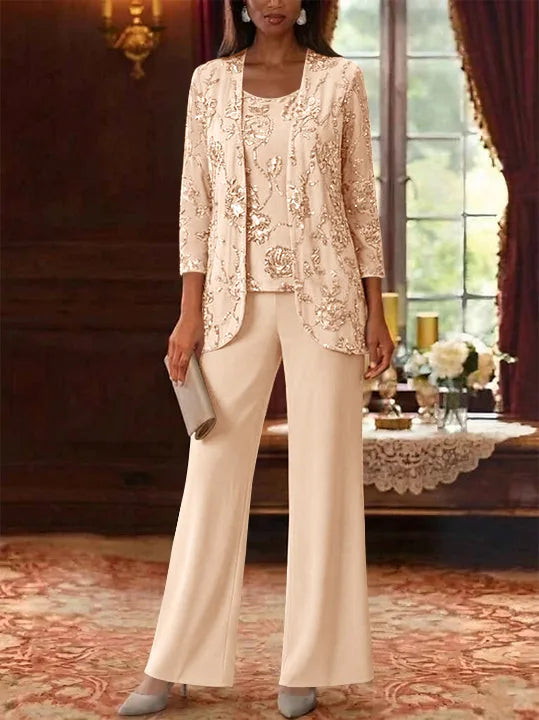 3 Pieces Suit Scoop Chiffon Mother of the Bride Pantsuits with Jacket Sequins Ankle-Length 3/4 Sleeves