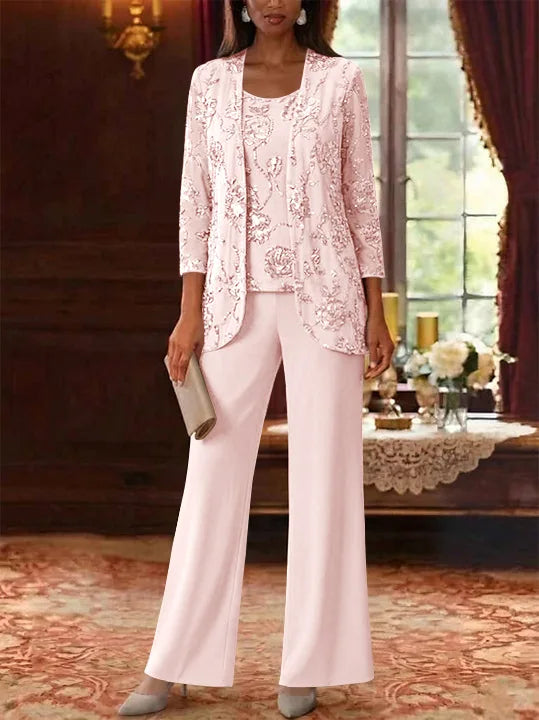 3 Pieces Suit Scoop Chiffon Mother of the Bride Pantsuits with Jacket Sequins Ankle-Length 3/4 Sleeves