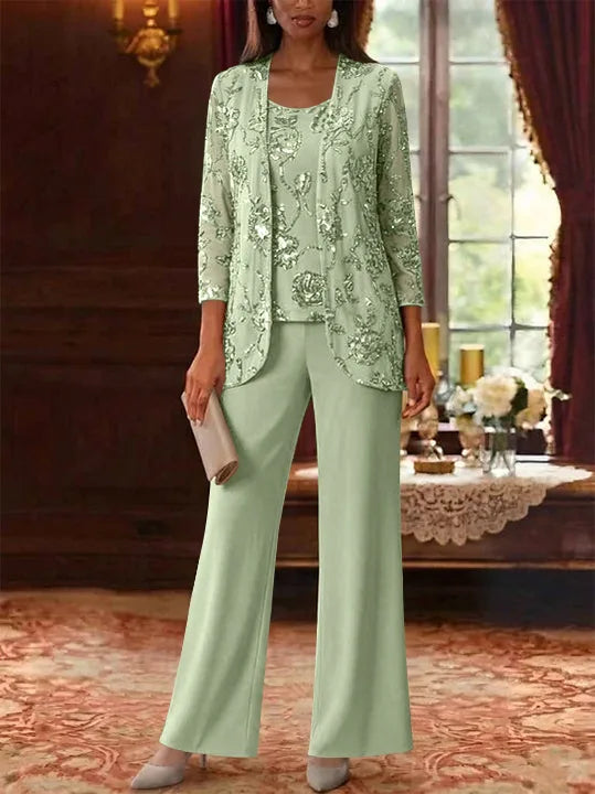 3 Pieces Suit Scoop Chiffon Mother of the Bride Pantsuits with Jacket Sequins Ankle-Length 3/4 Sleeves