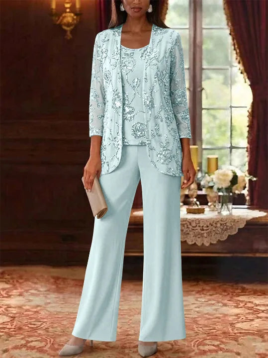 3 Pieces Suit Scoop Chiffon Mother of the Bride Pantsuits with Jacket Sequins Ankle-Length 3/4 Sleeves