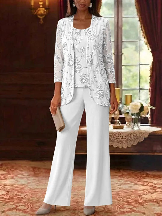 3 Pieces Suit Scoop Chiffon Mother of the Bride Pantsuits with Jacket Sequins Ankle-Length 3/4 Sleeves