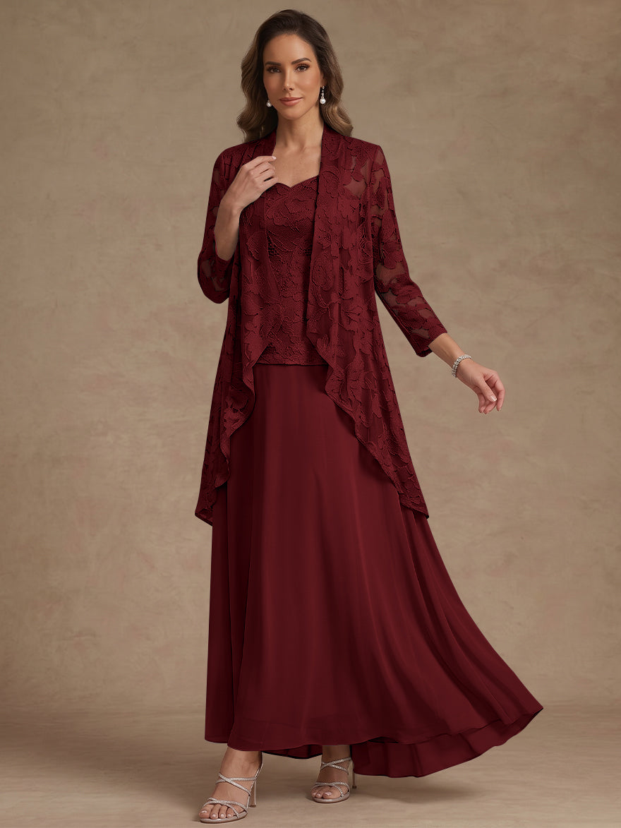3 Pieces Suit A-Line/Princess V-Neck Chiffon Mother of the Bride Dresses with Jacket Lace Ankle-Length 3/4 Sleeves