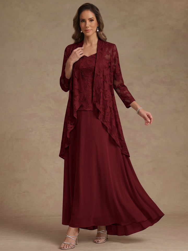 3 Pieces Suit A-Line/Princess V-Neck Chiffon Mother of the Bride Dresses with Jacket Lace Ankle-Length 3/4 Sleeves