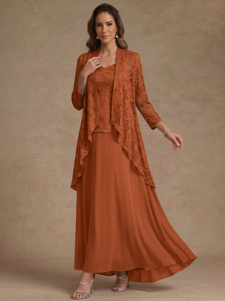 3 Pieces Suit A-Line/Princess V-Neck Chiffon Mother of the Bride Dresses with Jacket Lace Ankle-Length 3/4 Sleeves