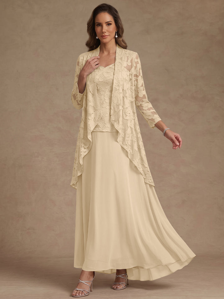 3 Pieces Suit A-Line/Princess V-Neck Chiffon Mother of the Bride Dresses with Jacket Lace Ankle-Length 3/4 Sleeves