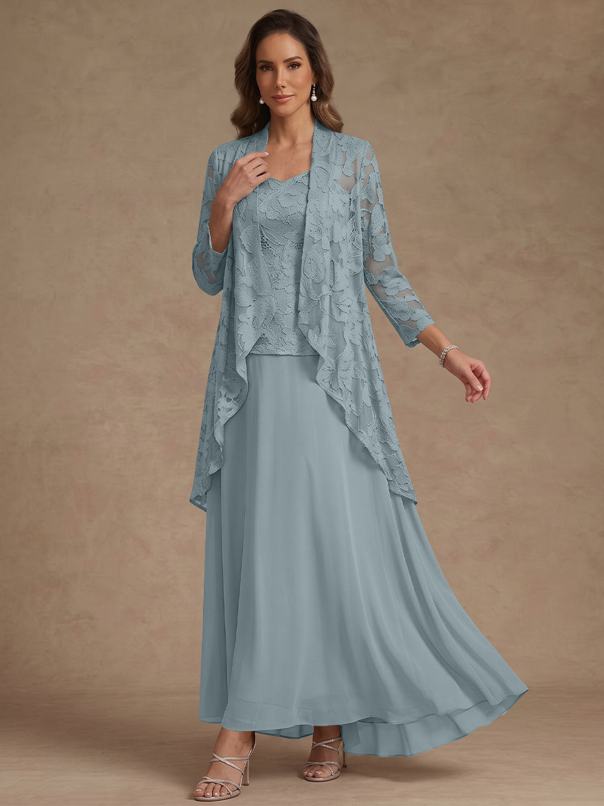3 Pieces Suit A-Line/Princess V-Neck Chiffon Mother of the Bride Dresses with Jacket Lace Ankle-Length 3/4 Sleeves