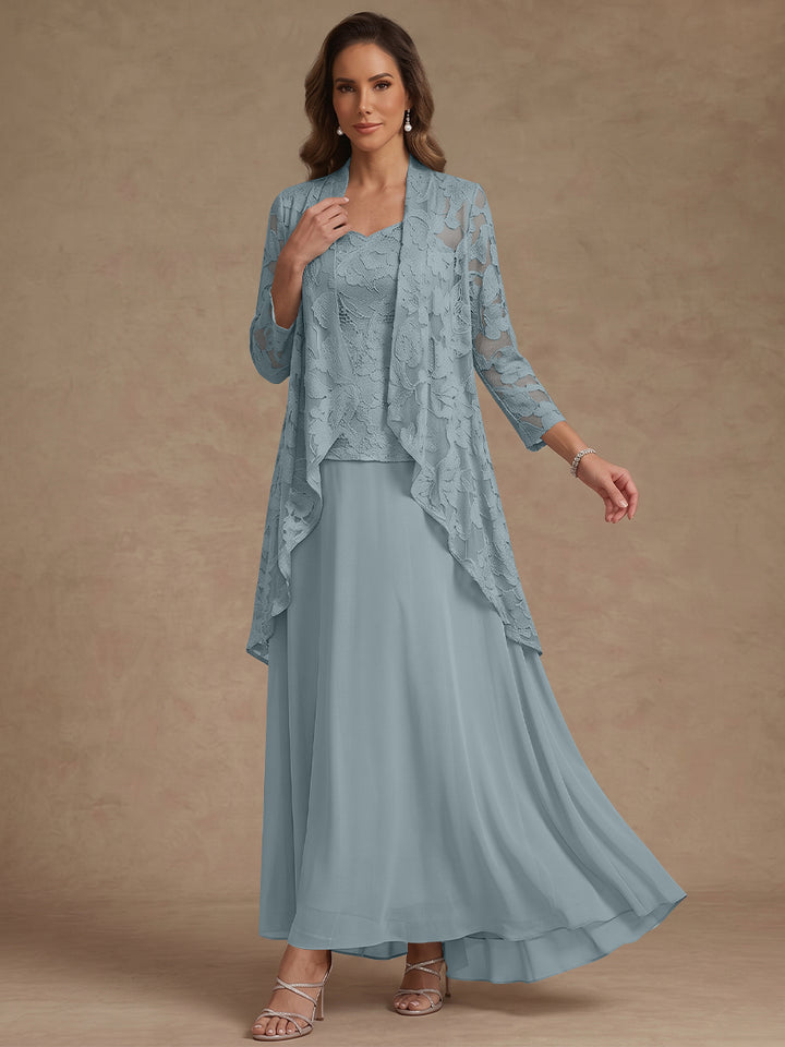 3 Pieces Suit A-Line/Princess V-Neck Chiffon Mother of the Bride Dresses with Jacket Lace Ankle-Length 3/4 Sleeves