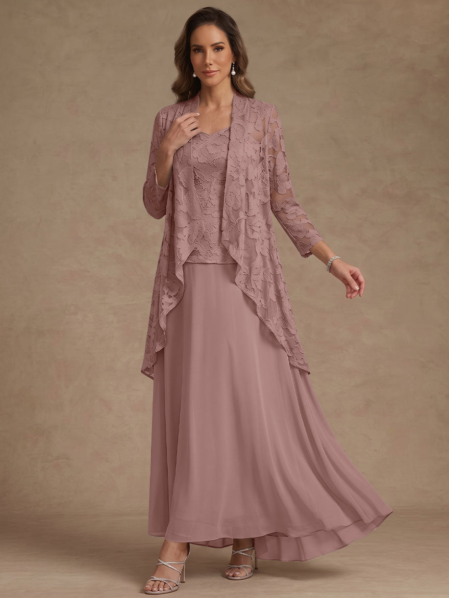 3 Pieces Suit A-Line/Princess V-Neck Chiffon Mother of the Bride Dresses with Jacket Lace Ankle-Length 3/4 Sleeves