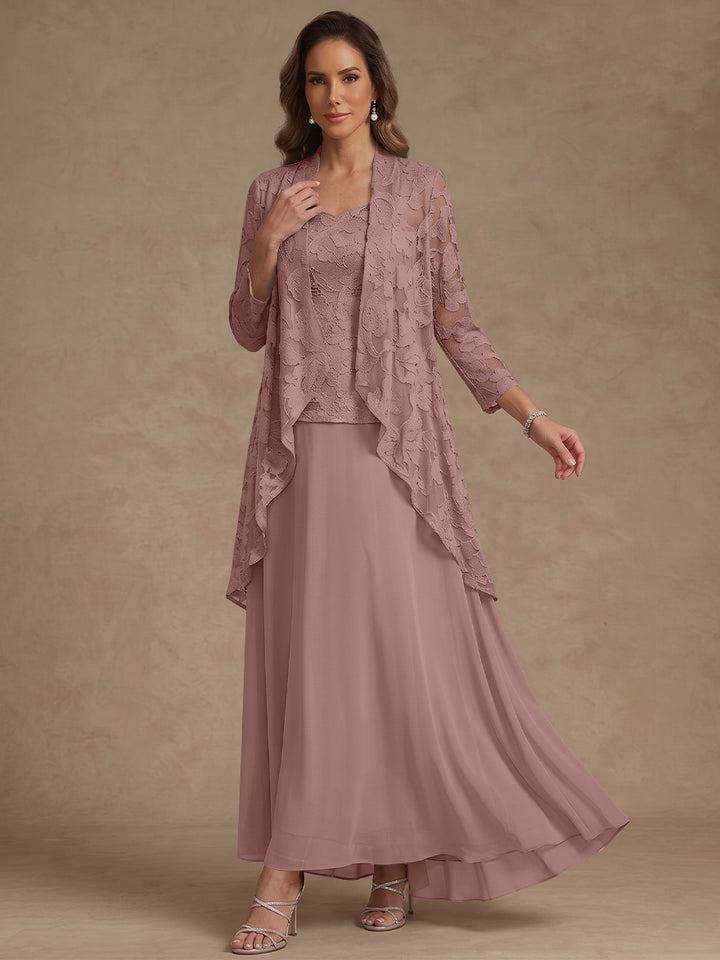 3 Pieces Suit A-Line/Princess V-Neck Chiffon Mother of the Bride Dresses with Jacket Lace Ankle-Length 3/4 Sleeves
