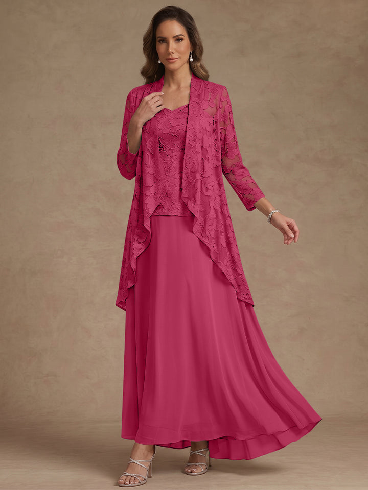 3 Pieces Suit A-Line/Princess V-Neck Chiffon Mother of the Bride Dresses with Jacket Lace Ankle-Length 3/4 Sleeves
