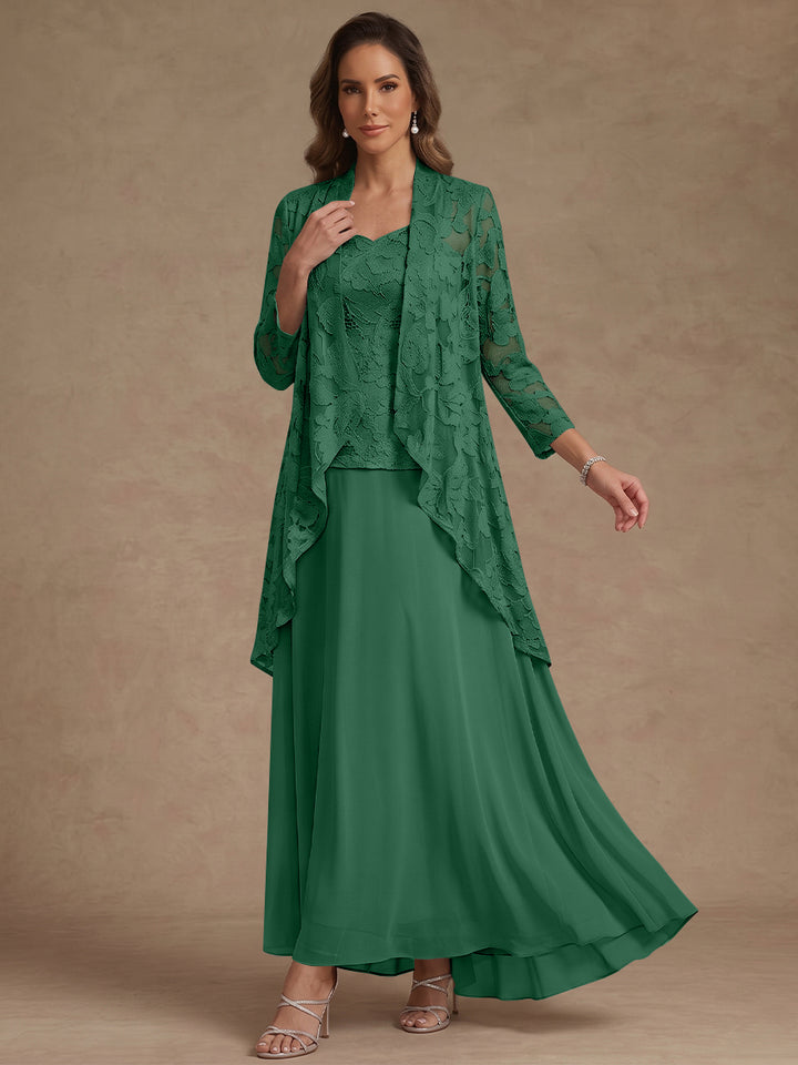 3 Pieces Suit A-Line/Princess V-Neck Chiffon Mother of the Bride Dresses with Jacket Lace Ankle-Length 3/4 Sleeves