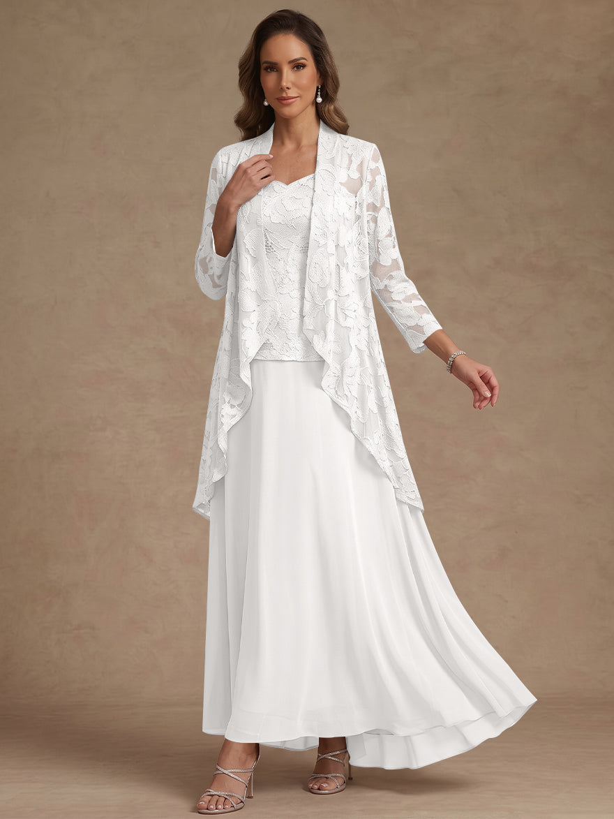 3 Pieces Suit A-Line/Princess V-Neck Chiffon Mother of the Bride Dresses with Jacket Lace Ankle-Length 3/4 Sleeves