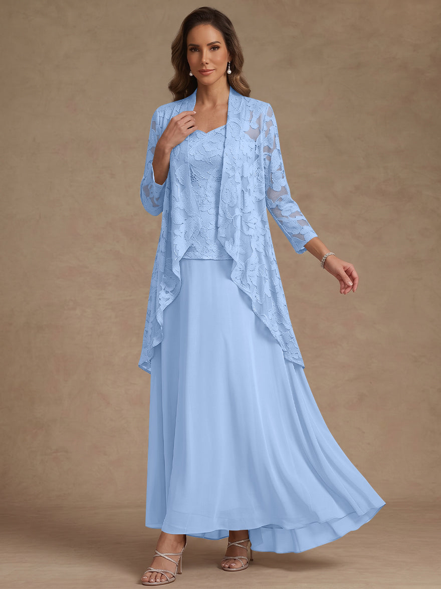 3 Pieces Suit A-Line/Princess V-Neck Chiffon Mother of the Bride Dresses with Jacket Lace Ankle-Length 3/4 Sleeves