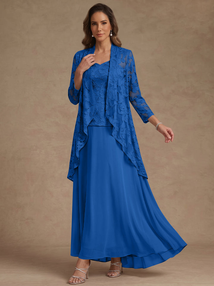 3 Pieces Suit A-Line/Princess V-Neck Chiffon Mother of the Bride Dresses with Jacket Lace Ankle-Length 3/4 Sleeves