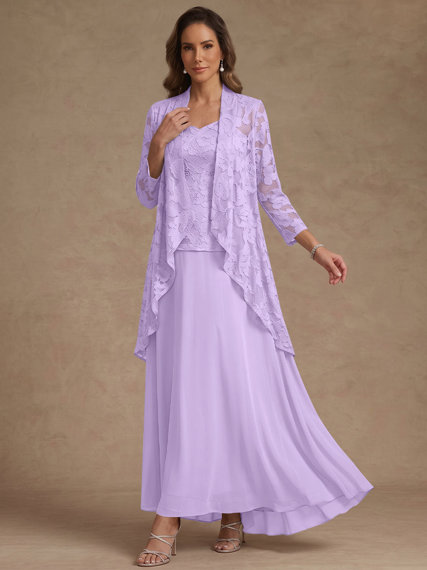 3 Pieces Suit A-Line/Princess V-Neck Chiffon Mother of the Bride Dresses with Jacket Lace Ankle-Length 3/4 Sleeves