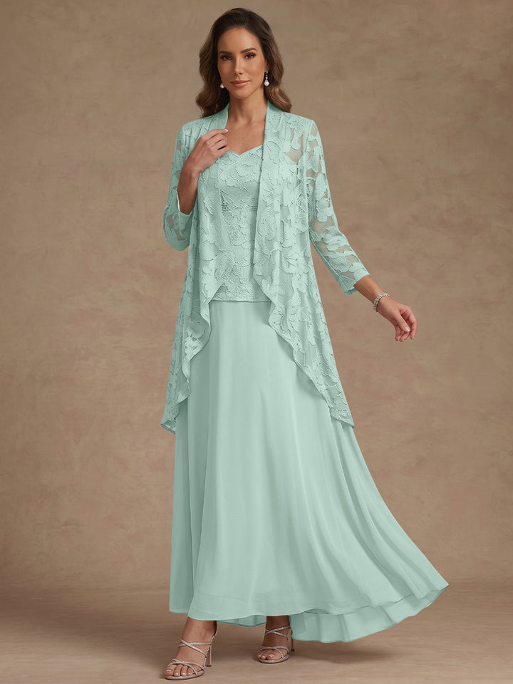 3 Pieces Suit A-Line/Princess V-Neck Chiffon Mother of the Bride Dresses with Jacket Lace Ankle-Length 3/4 Sleeves
