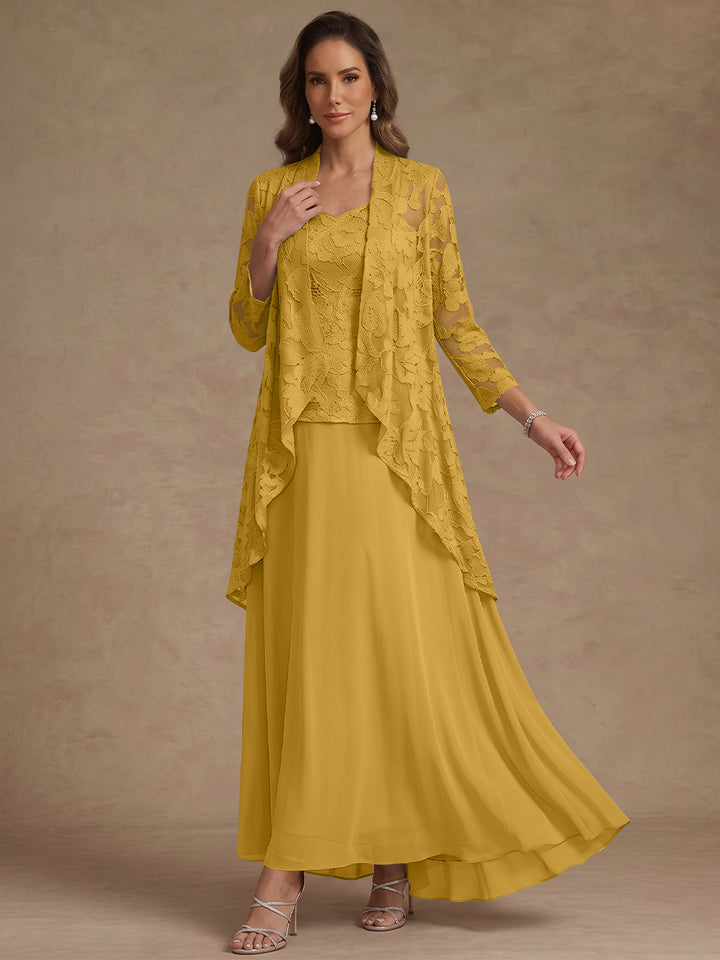 3 Pieces Suit A-Line/Princess V-Neck Chiffon Mother of the Bride Dresses with Jacket Lace Ankle-Length 3/4 Sleeves