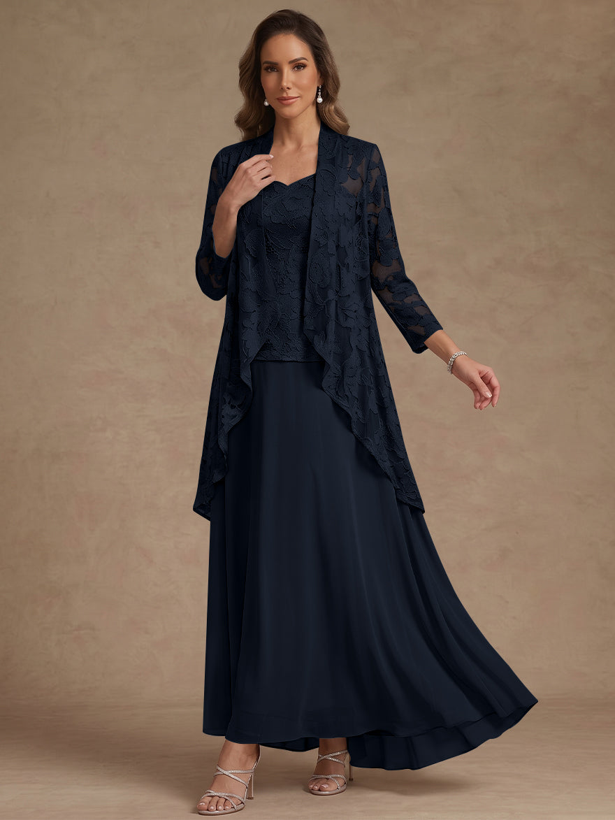 3 Pieces Suit A-Line/Princess V-Neck Chiffon Mother of the Bride Dresses with Jacket Lace Ankle-Length 3/4 Sleeves