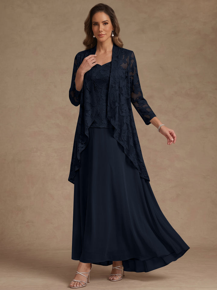 3 Pieces Suit A-Line/Princess V-Neck Chiffon Mother of the Bride Dresses with Jacket Lace Ankle-Length 3/4 Sleeves