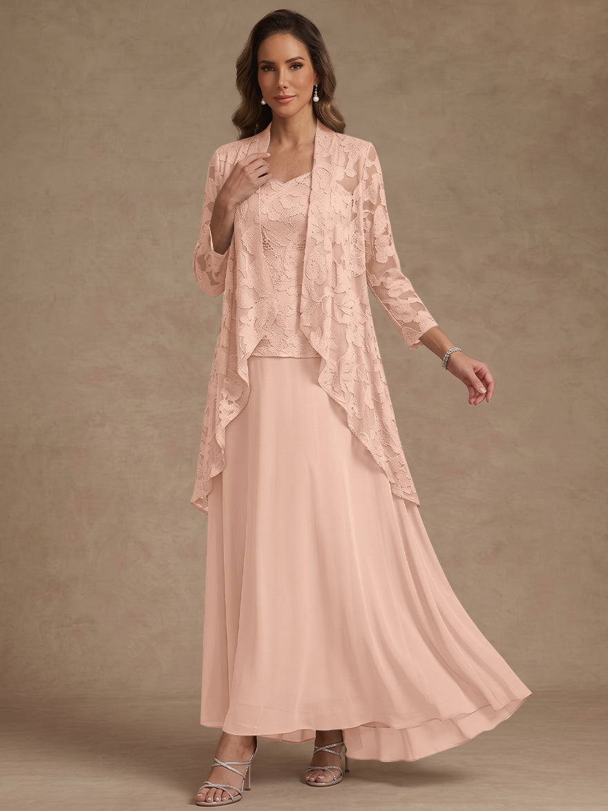 3 Pieces Suit A-Line/Princess V-Neck Chiffon Mother of the Bride Dresses with Jacket Lace Ankle-Length 3/4 Sleeves