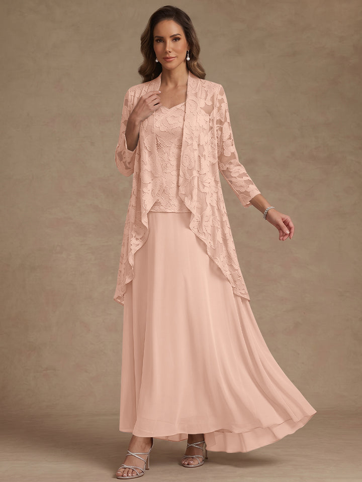3 Pieces Suit A-Line/Princess V-Neck Chiffon Mother of the Bride Dresses with Jacket Lace Ankle-Length 3/4 Sleeves